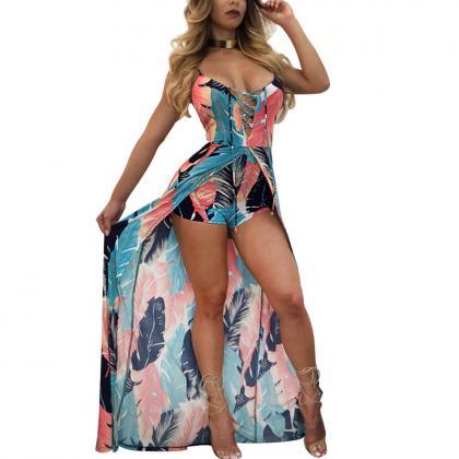 Sexy Deep V Neck Feather Printing Split Rompers..