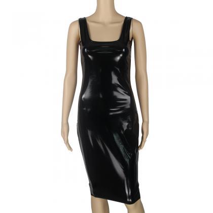 Black Patent Leather Bodycon Casual Dress, Party..