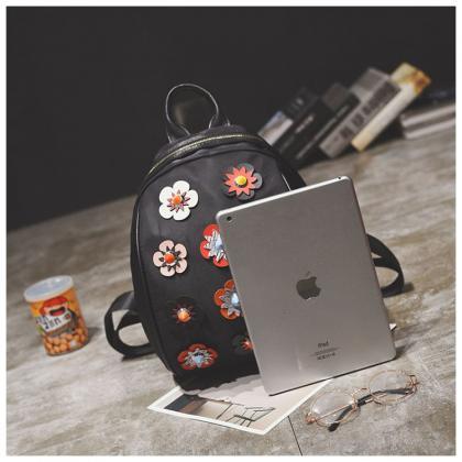 Black Kawaii Floral Badge Zipper Casual Backpack