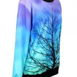 Blue Long Sleeve Moonlight Tree Print Sweatshirt