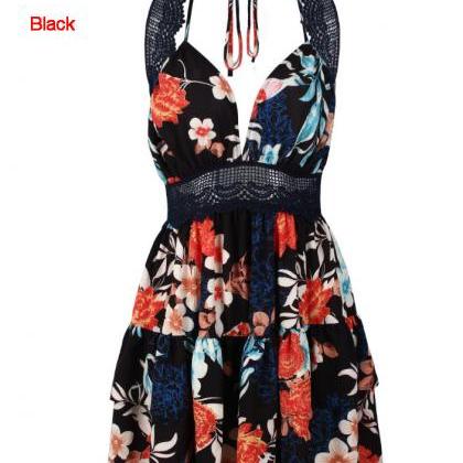 Navy Blue Floral Skater Dress With Cut Out Waist..