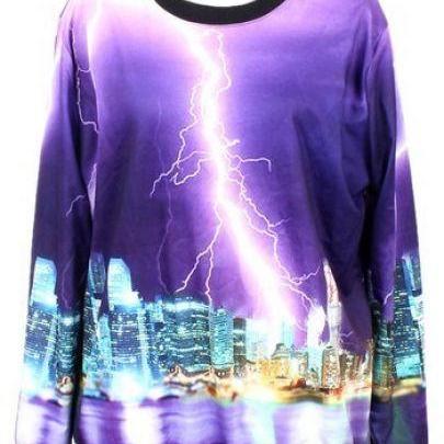Purple Long Sleeve Lightning City Print Sweatshirt