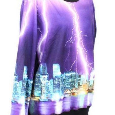 Purple Long Sleeve Lightning City Print Sweatshirt