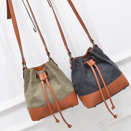 Leather and Canvas Bucket Bag with ..