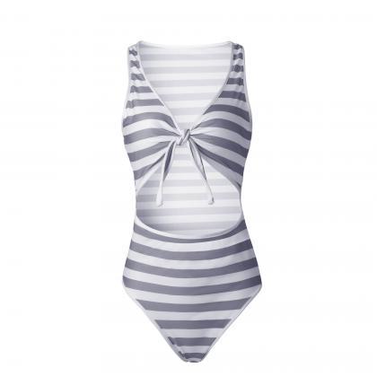 Sexy Stripe Bow Tie Bikini One Piece Swimsuit