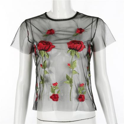 Sexy Rose Embroidery Round Neck Short Sleeves Net..