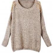 Apricot Batwing Sleeves Pullover Rivets Shoulder Sweater