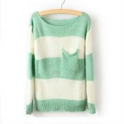 Green White Striped Long Sleeve Loose Sweater