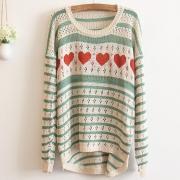 Green Love Stripes Hollow Thin Pullover Sweater 