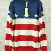 Retro Star Flag Red White Blue Striped Sweater