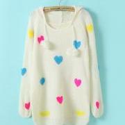 White Sweet Princess Color Love Double Ball Drawstring Hooded Pullover Sweater