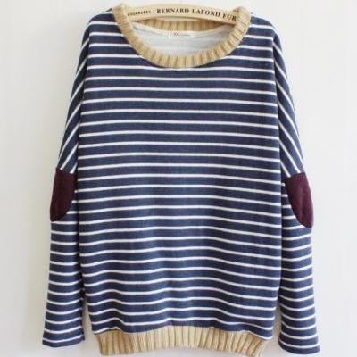 Leisure Retro Stripe Cloth Sleeve Women's Sweater