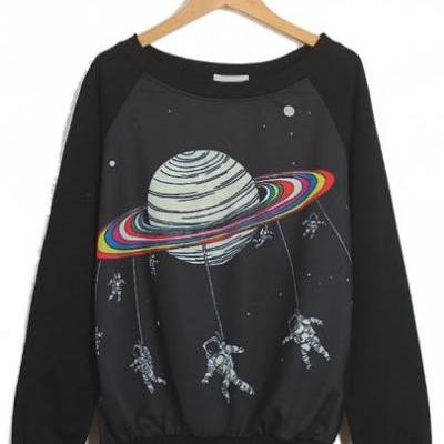 Black Long Sleeve Saturn Astronaut Print Sweatshirt