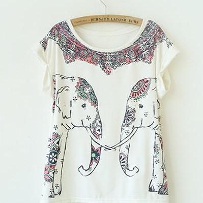 Symmetric Elephant Print Curling Short-sleeved Cotton T-shirt