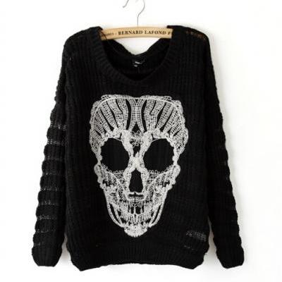 Embroidery Skull Pattern Round Neck Long Sleeved Pullover Sweater