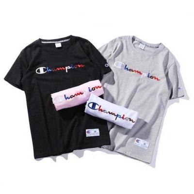 Champion Solid Color Rainbow Embroidery Classic Couple Lovers T-shirt