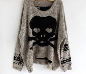 Grey Long Sleeve Skull Print Pullovers Sweater on Luulla