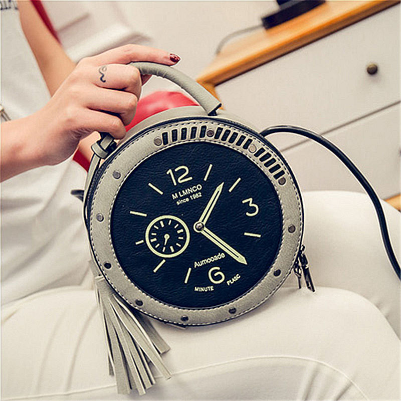 Women Fashion Alarm Clock Tassel Lovely Handbag Watch Shoulder Bags