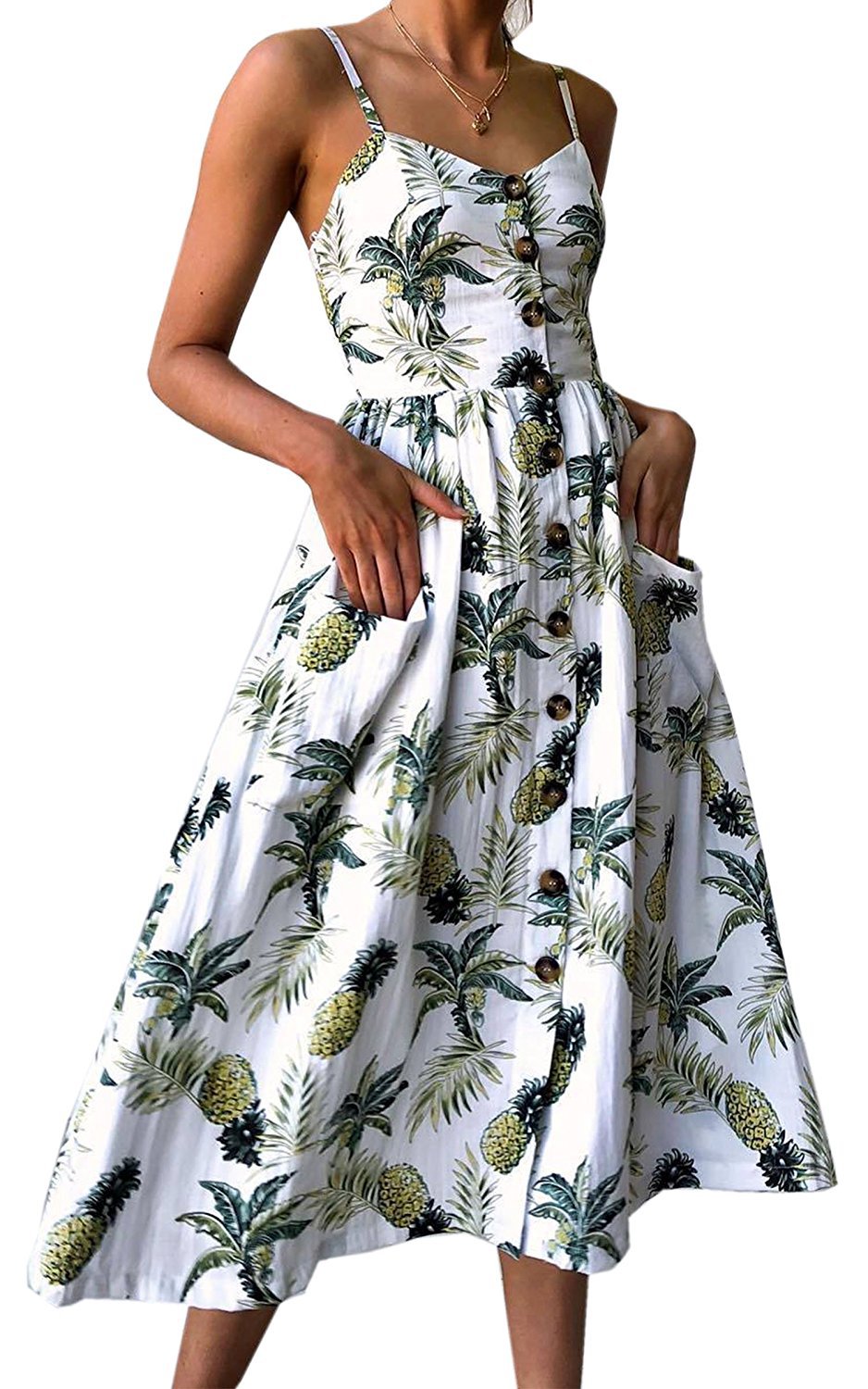 Women Fashion Bohemian Pineapple Printing Long Dress Sexy Button Pocket Holiday Dress