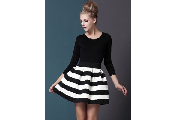 Black White Striped Three Quarter Length Sleeve Stripe Dress