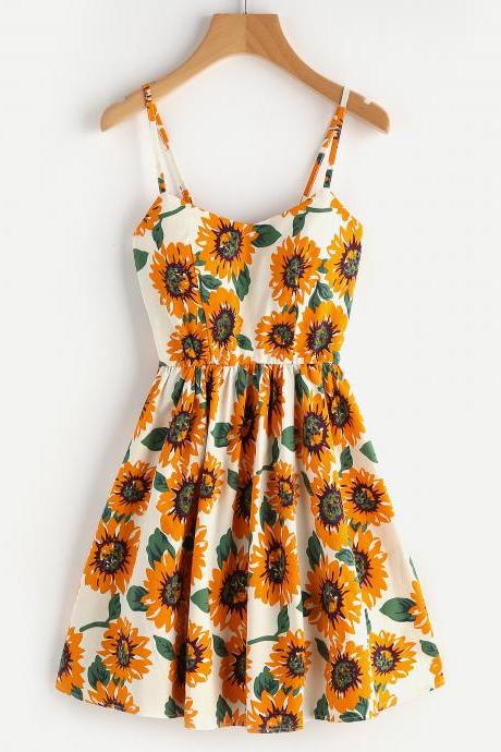 Sunflower Print Cami Skater Dress With Criss-cross Straps