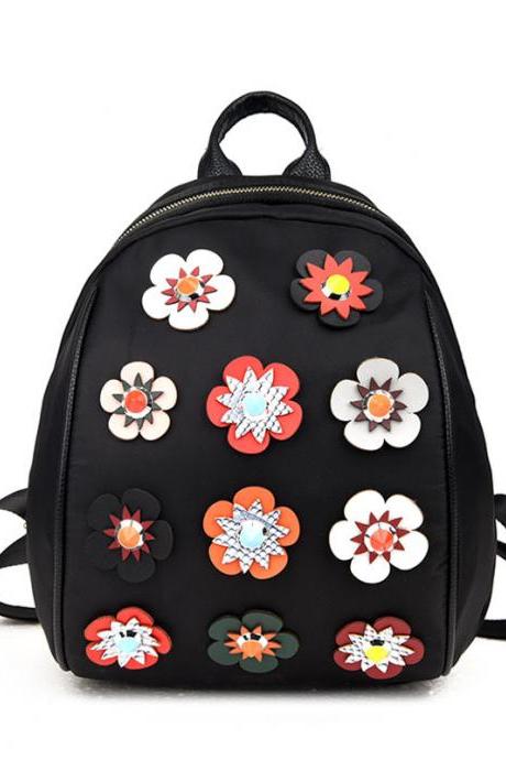 Black Kawaii Floral Badge Zipper Casual Backpack