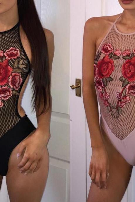 Sexy Embroidery Flowers Mesh Swimsuit Backless One-piece Swimwear