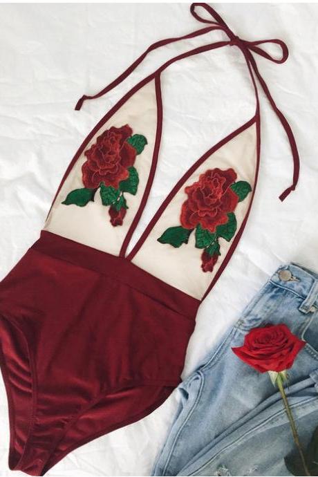 Burgundy Rose Embroidered Mesh Plunge V Bodysuit