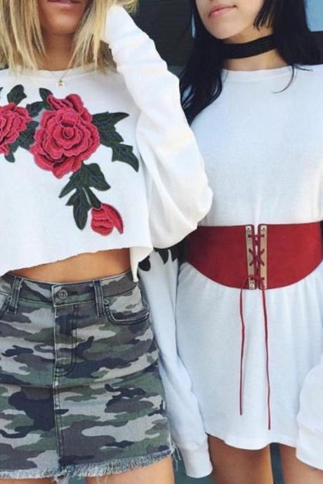 White Long Sleeved Cropped Shirt Featuring Floral Embroidery