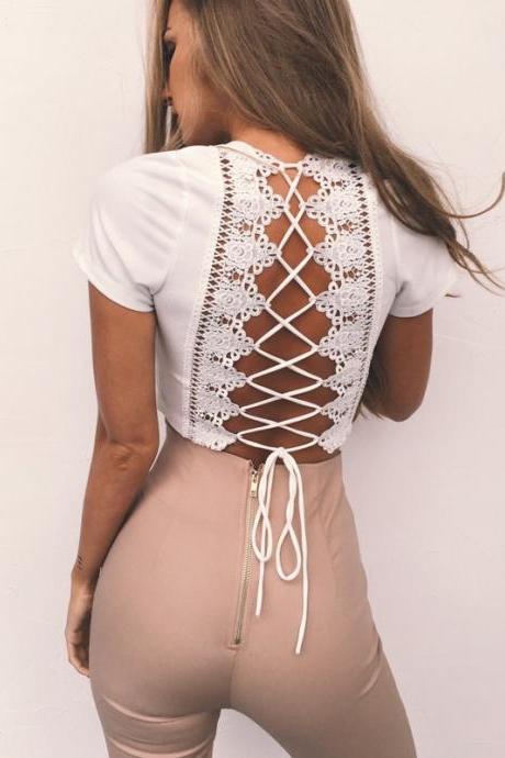 Plunge V Short Sleeved Cropped Top Featuring Lace Appliquéd And Lace-up Back