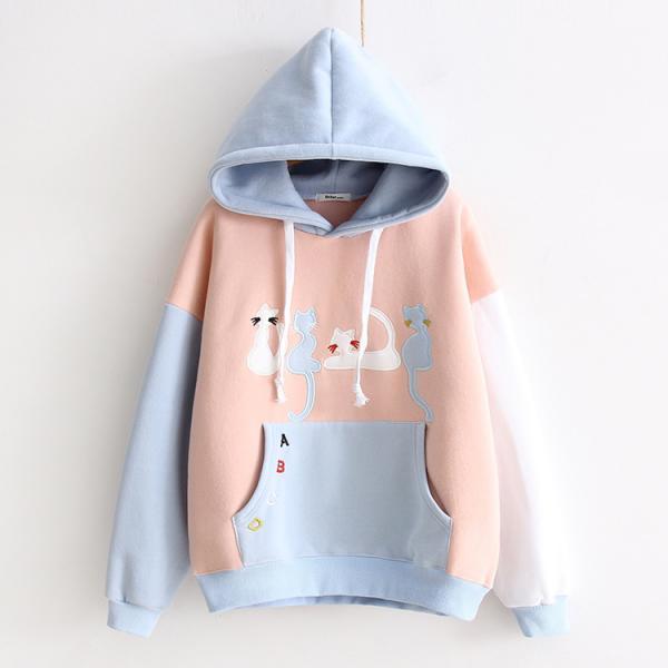 Women Cute Cat Embroidery Hit Color Plus Velvet Hooded Sweatshirt on Luulla