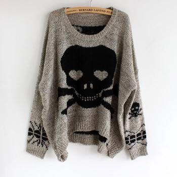 Grey Long Sleeve Skull Print Pullovers Sweater on Luulla