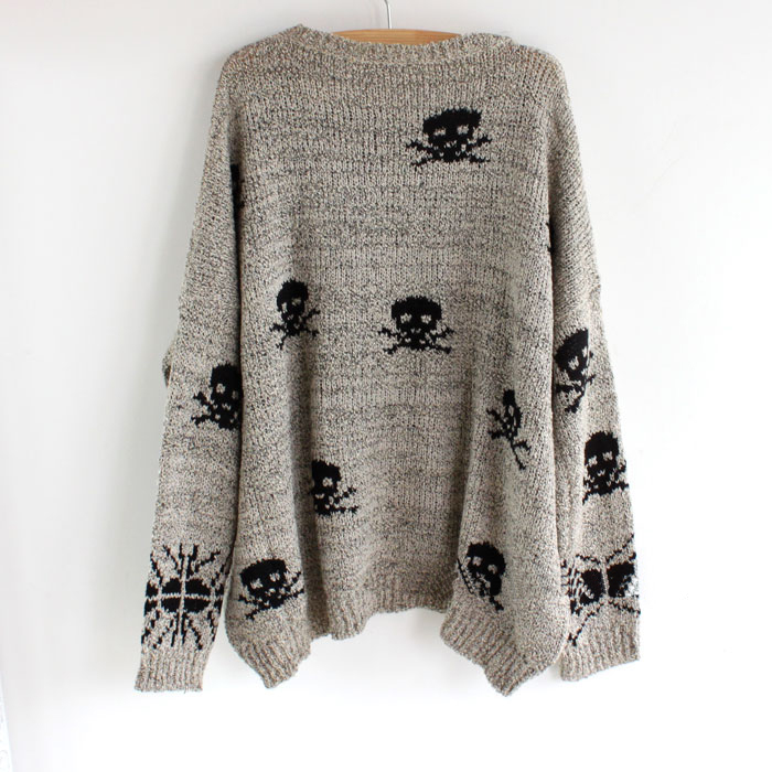 Grey Long Sleeve Skull Print Pullovers Sweater on Luulla