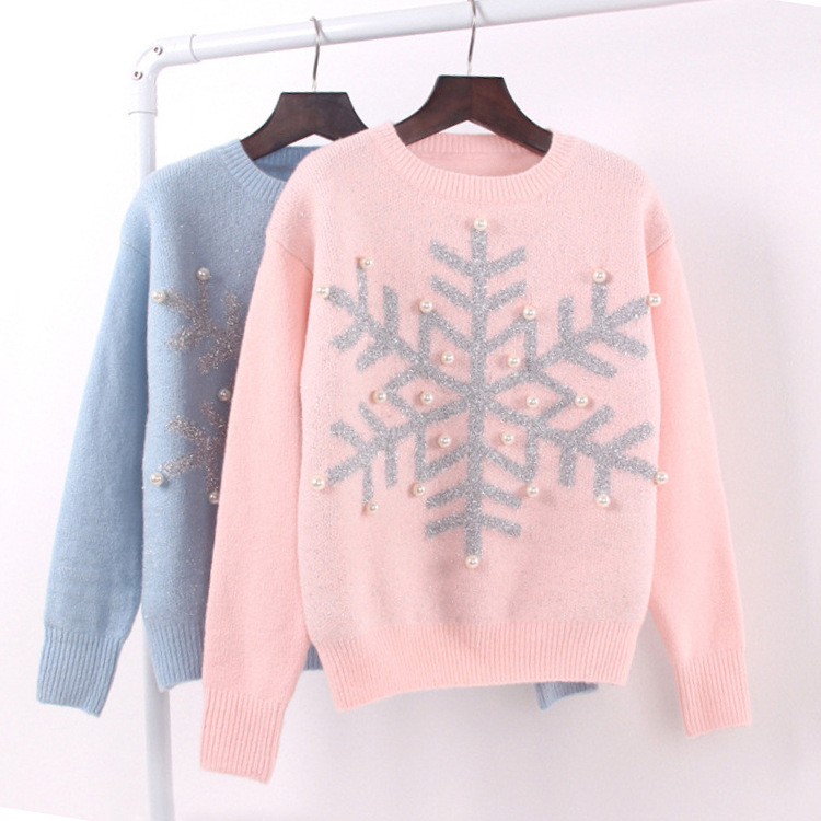 Women Snowflake Sequins Pearl Knitted Sweater Long-sleeved Christmas ...