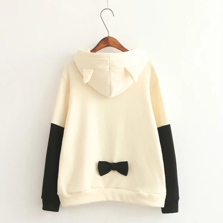 Women Lovely Cat Ear Loose Sweater Long Sleeve Bow Hooded Sweatshirt on